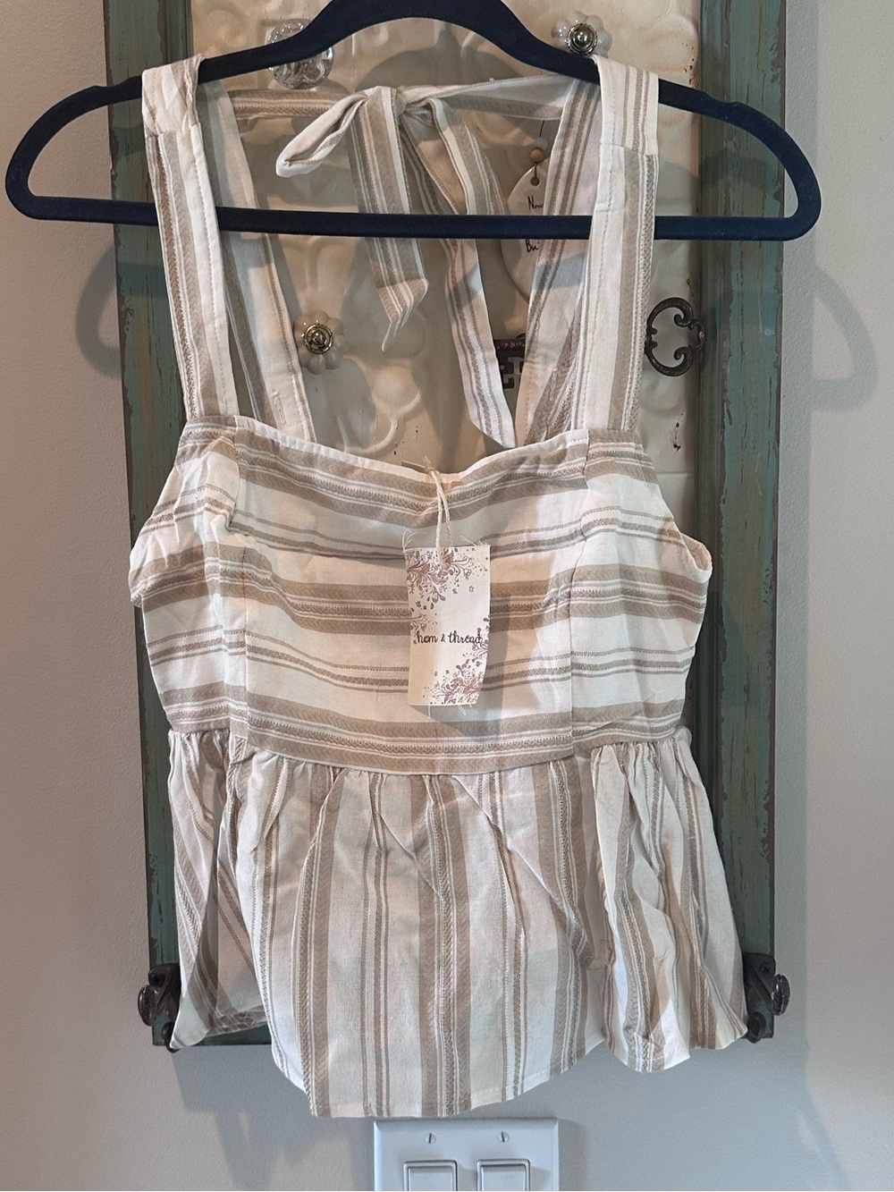 NWT Hem & Thread Striped Tie Back Peplum Crop Tank Top Small Boho Linen Blend